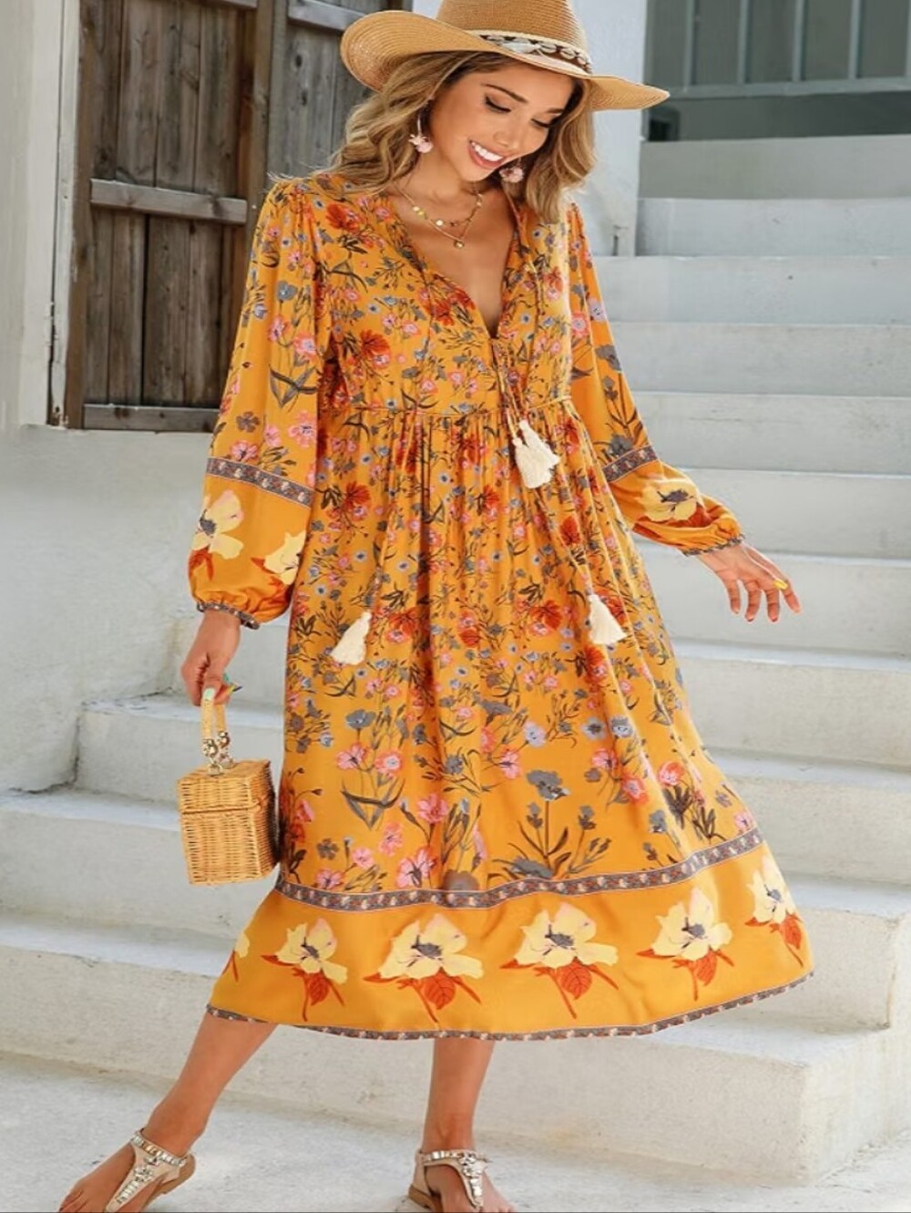 R.YiPOSHA Boho Floral Tassel Long Sleeve Midi Dress Mustard Yellow Women's Large